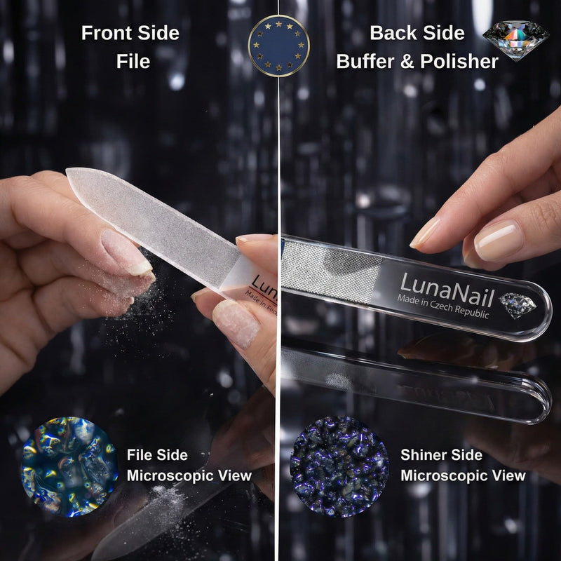Glass nail file side and nano-glass buffer side