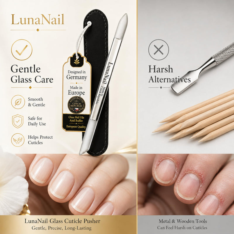 Pointed and slanted ends of the LunaNail glass cuticle pusher