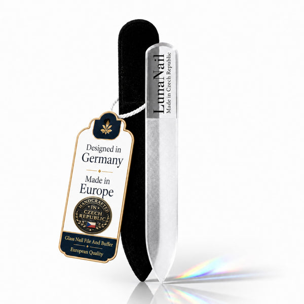 LunaNail crystal glass nail file and buffer 2-in-1 in its velvet case